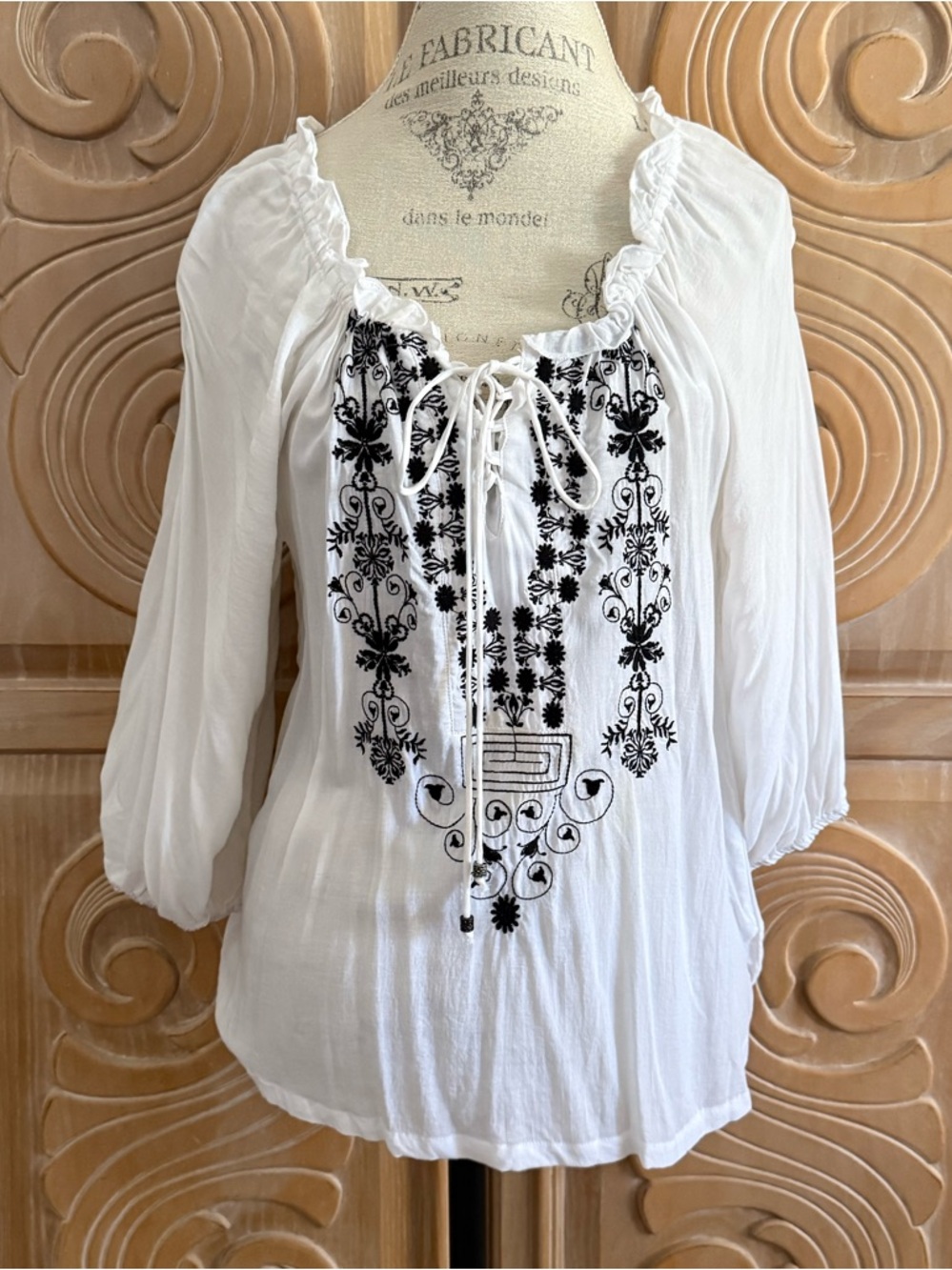 Boho Embroidered Peasant Top - White with Black Embroidery Size PL